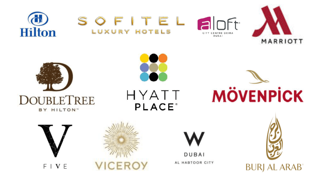A list of clients we have worked with:  Hilton, Sofitel, A Loft, Marriott, DoubleTree, Hyatt Place, Movenpick, Five, Viceroy, Dubai Al Habtoor City, Burj Al Arab.