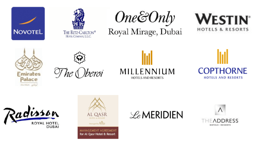 A list of clients we have worked with: Novotel, The Ritz Carlton, One & Only Royal Mirage, Westin, Emirates Palace, The Oberoi, Millennium, Copthorne, Radisson, Al Qasr, Le Meridien, The Address, Dubai